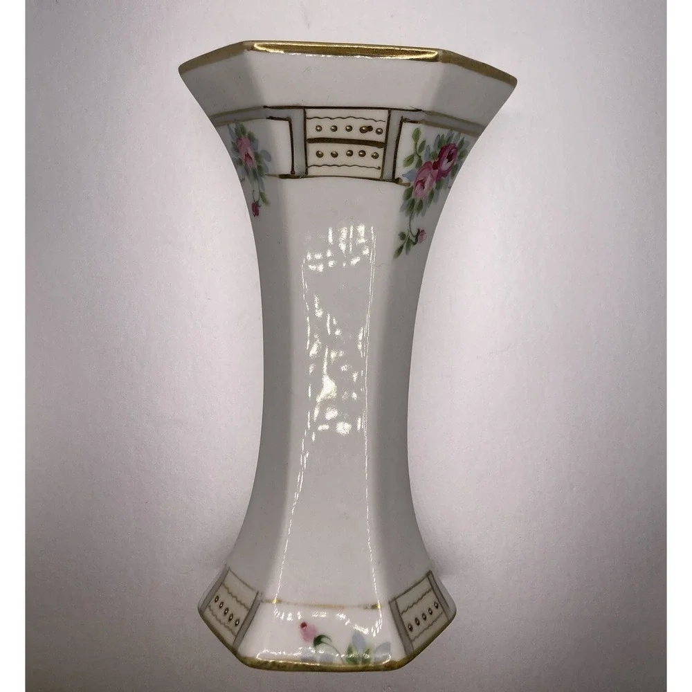 Vintage Hand Painted Porcelain Floral‎ Bud Vase Gold Gilt Moriage Hexagonal 6